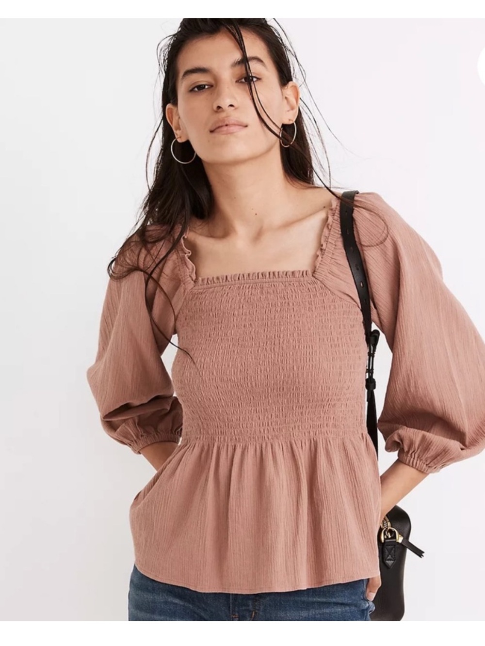 Madewell Smocked Square-Neck Peasant Top in Dusty Rose Size-6, 100% Cotton